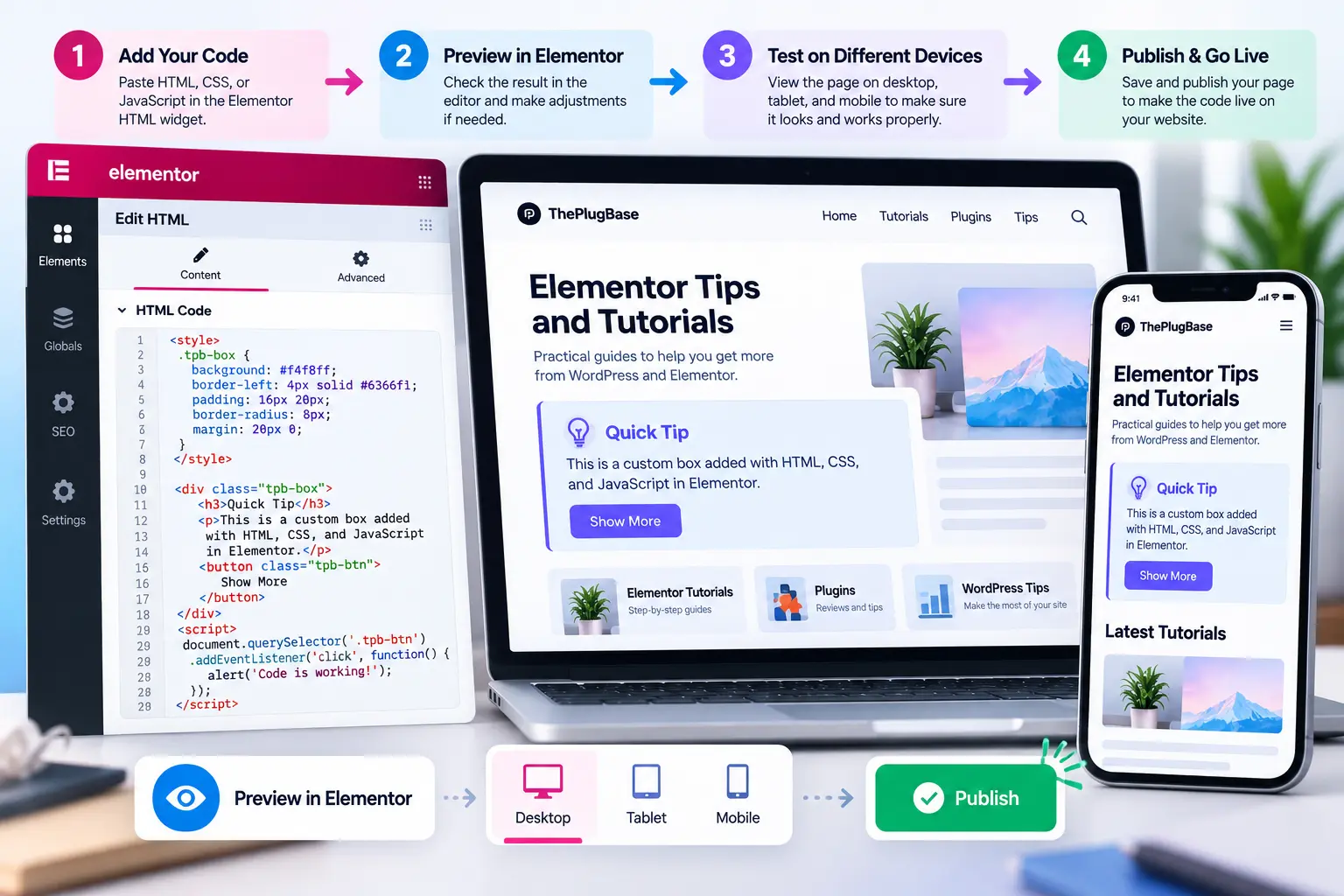 testing and publishing custom code in Elementor