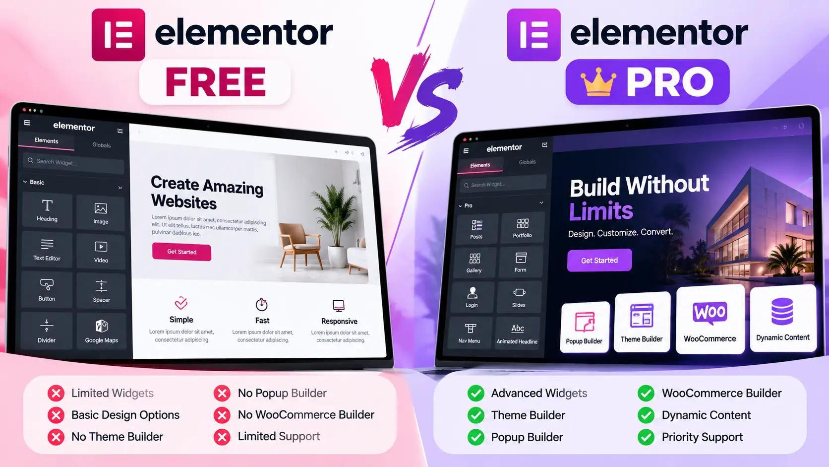 Elementor Free vs Pro