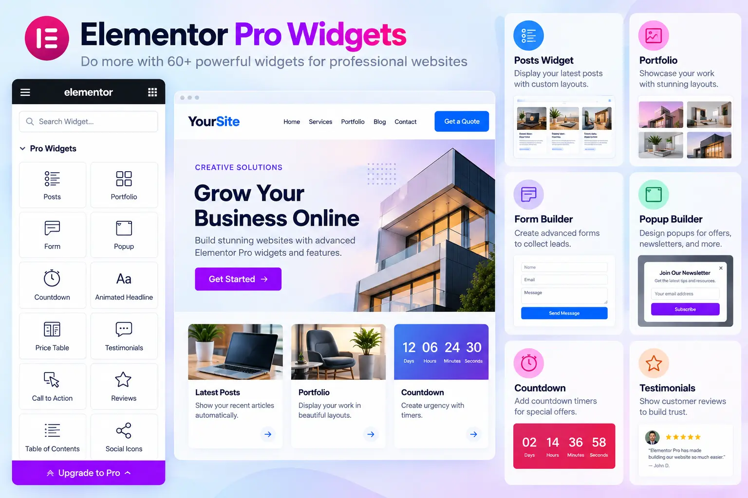 Elementor Pro widgets including Posts Portfolio Forms Popup and Testimonials