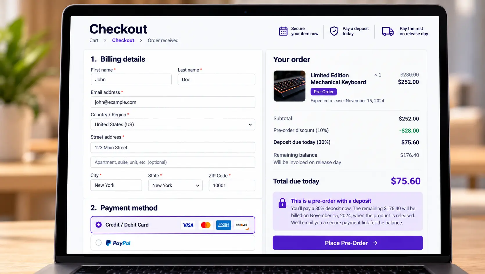 WooCommerce product settings showing pre-order date, deposit amount, and stock limit